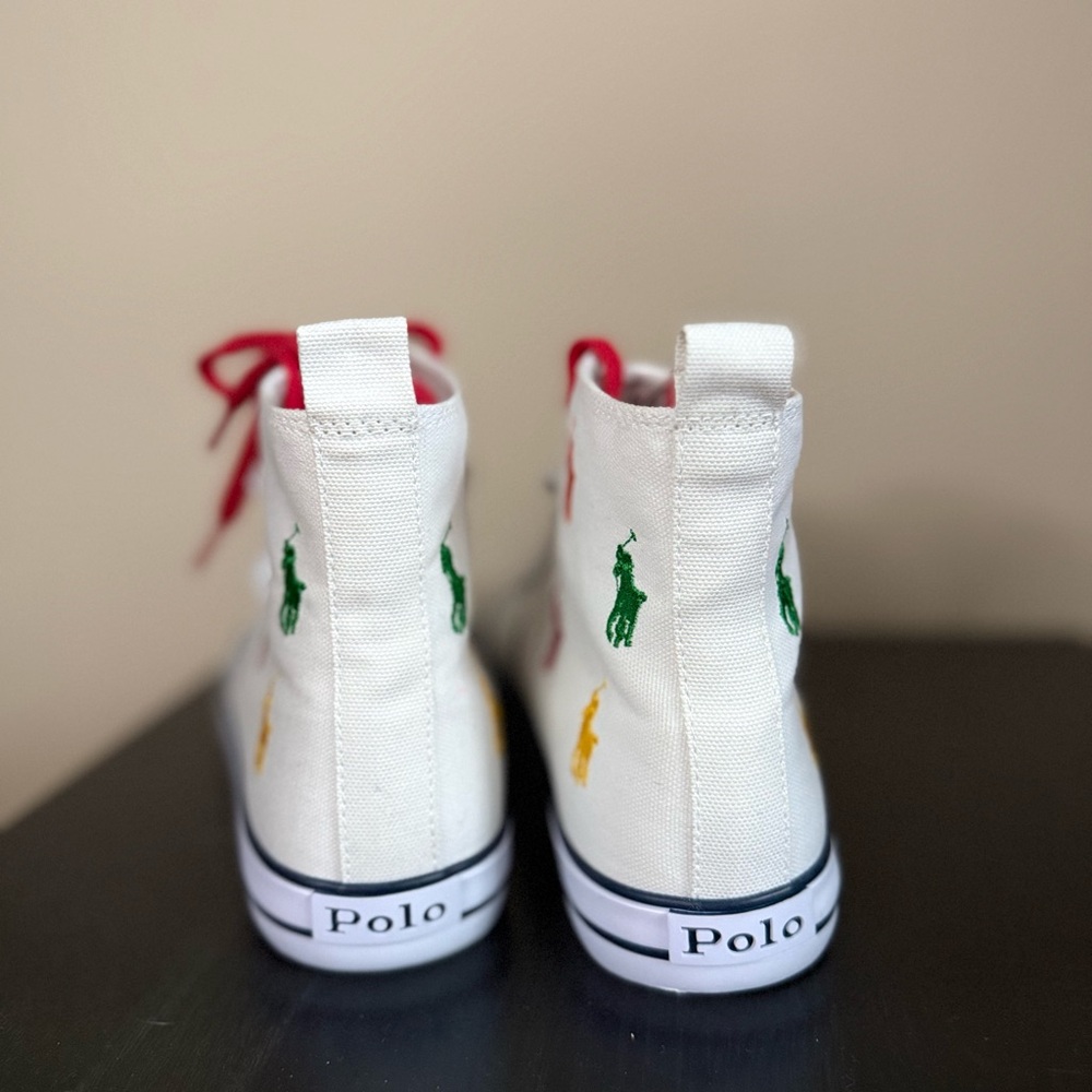 Polo Ralph Lauren Pony Print High Top Sneakers White NWT Womens 8.5 Kids 7 - Picture 3 of 11